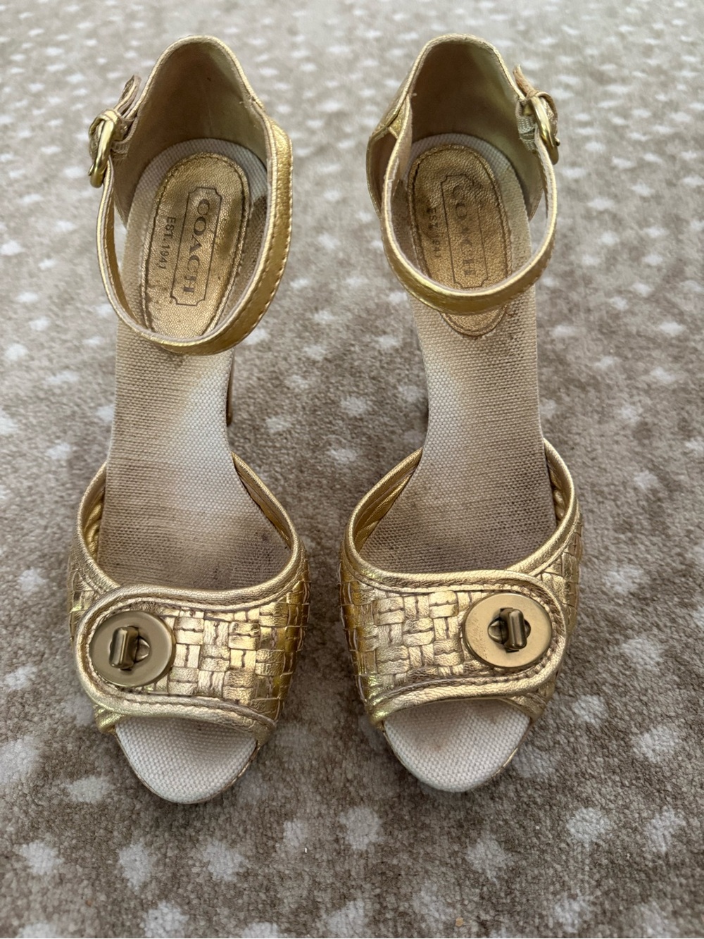 Coach Dianah Metallic Gold Woven Ankle Strap Pumps 7.5